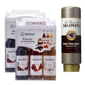 2x Zestaw kawowy Konesso Monin 3x250 ml - karmel, czekolada, wanilia + Sos DARK CHOCOLATE MONIN 0,5 L - opinie w konesso.pl