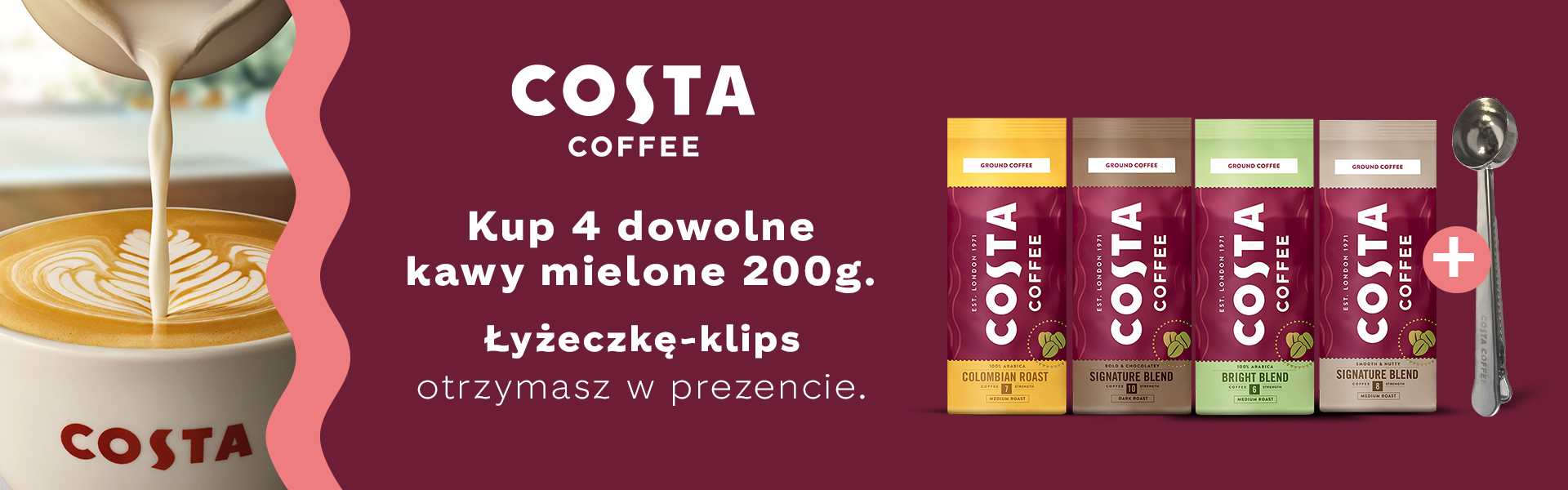 Kup minimum 4 kawy mielone Costa Coffee, a miarkę z klipsem otrzymasz w prezencie