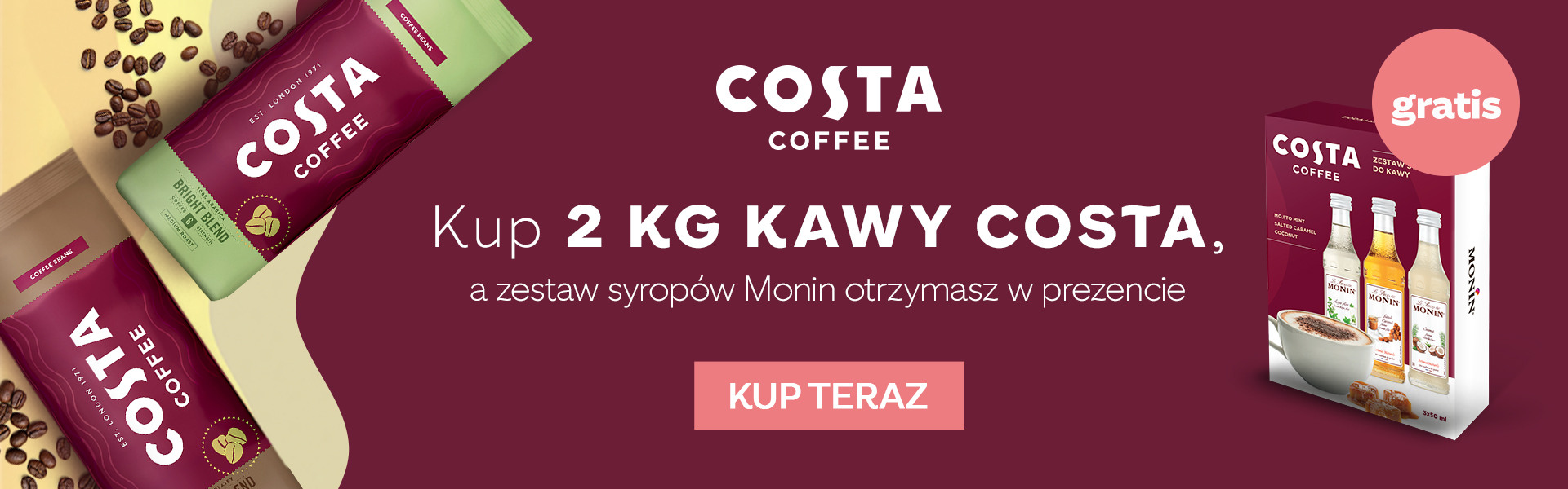 Kup minimum 2 kg kawy Costa Coffee, a zestaw Monin otrzymasz w prezencie