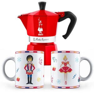 ZESTAWKawiarka Bialetti Moka Express Nutcracker Czerwona 6tz + 2 Kubki 300 ml - NIEDOSTĘPNY - opinie w konesso.pl